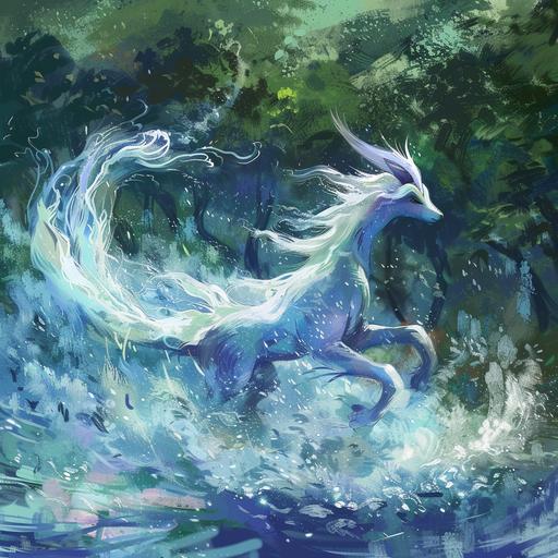 A Suicune running on water. Anime painted style.