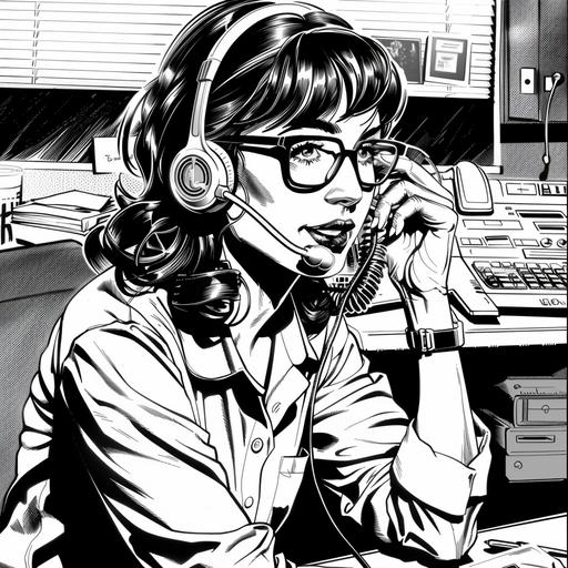 A Superman Comic book style black and white illustration of a female call centre agent selling insurance in a call centre