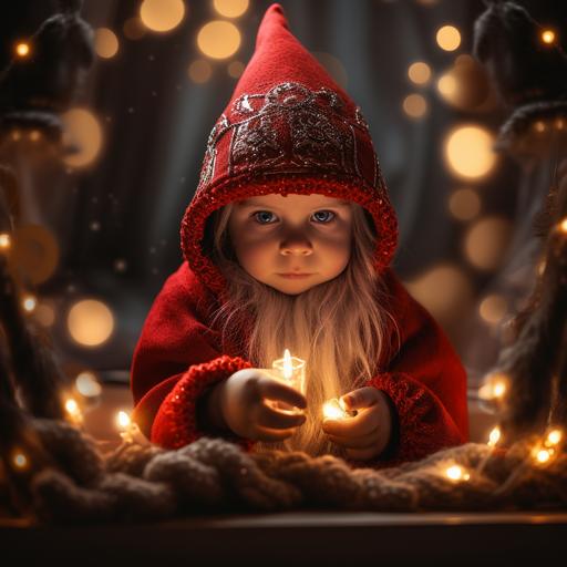 A Swiss dwarf in red clothes, Fairy light, reflection photography, knitted style, FHD, high detail --v 5.2