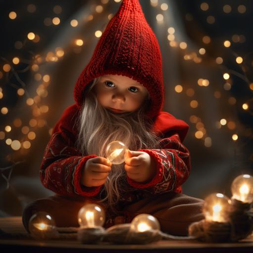 A Swiss dwarf in red clothes, Fairy light, reflection photography, knitted style, FHD, high detail --v 5.2