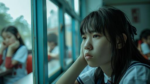 A Taiwanese high school student sits in their seat, looking sad, their gaze fixed on the window. In the background, classmates laugh and joke inside the classroom ,photograph --ar 16:9