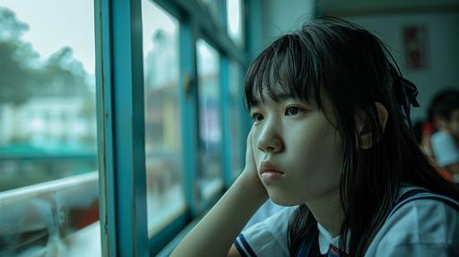 A Taiwanese high school student sits in their seat, looking sad, their gaze fixed on the window. In the background, classmates laugh and joke inside the classroom ,photograph --ar 16:9 --v 6.0