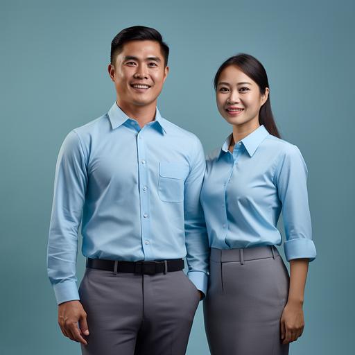 A Thai male and female employee from Singapore in his 30s wears a light blue long-sleeved shirt
