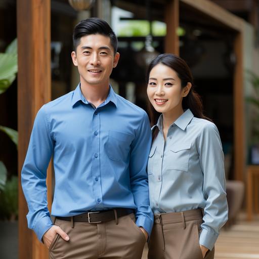 A Thai male and female employee from Singapore in his 30s wears a light blue long-sleeved shirt.