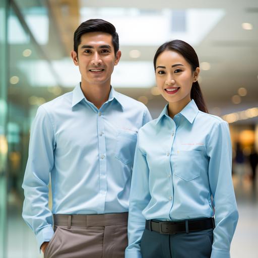 A Thai male and female employee from Singapore in his 30s wears a light blue long-sleeved shirt