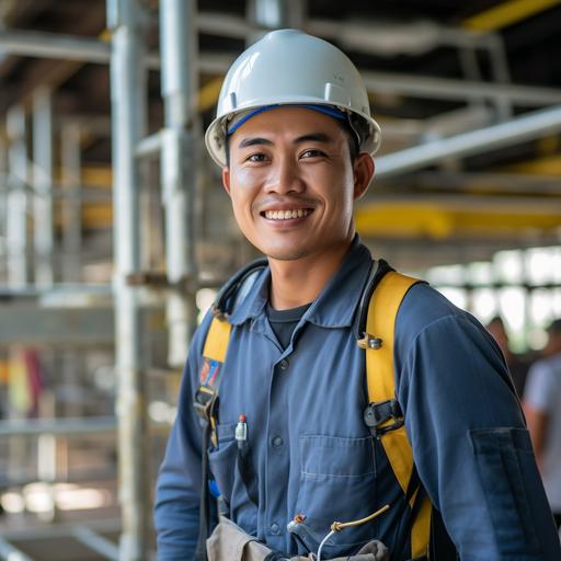 A Thai man aged 30  wears a blue-gray engineer's uniform, long sleeves, a white engineering hat, safety shoes, is working in the industry, installing scaffolding that meets standards. , bright smiley face, ready to serve