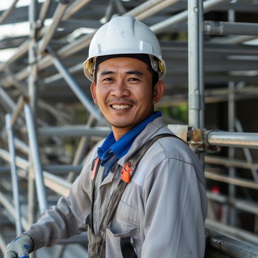 A Thai man aged 30  wears a blue-gray engineer's uniform, long sleeves, a white engineering hat, safety shoes, is working in the industry, installing scaffolding that meets standards. , bright smiley face, ready to serve