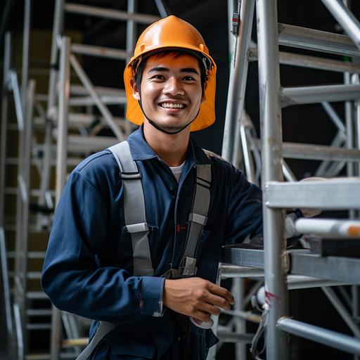 A Thai man aged 30  wears a blue-gray engineer's uniform, long sleeves, a white engineering hat, safety shoes, is working in the industry, installing scaffolding that meets standards. , bright smiley face, ready to serve