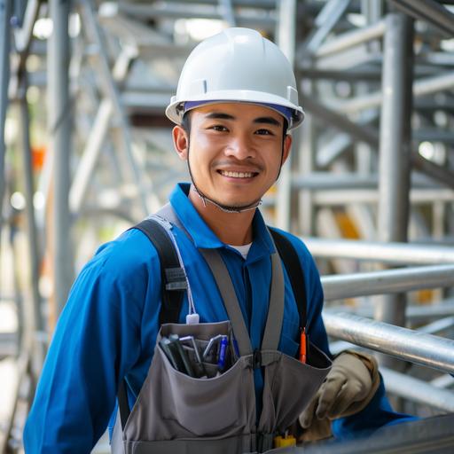 A Thai man aged 30  wears a blue-gray engineer's uniform, long sleeves, a white engineering hat, safety shoes, is working in the industry, installing scaffolding that meets standards. , bright smiley face, ready to serve