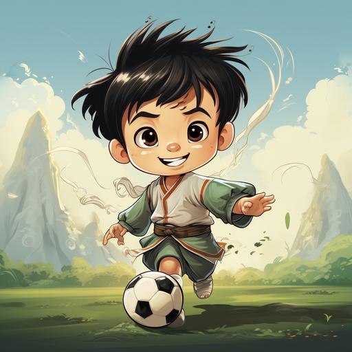 A Tibetan soccer boy with short black hair, wearing Tibetan robes, antique samurai clothing, shorts, and long white socks. Use kung fu moves to kick football on the side of the sky. On a green and bright football field. Cute, cartoon disney style --s 250