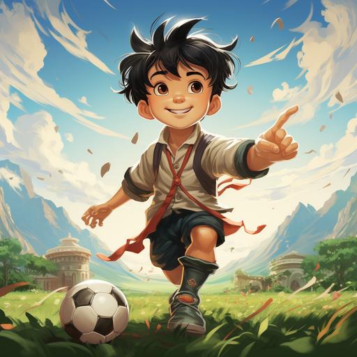 A Tibetan soccer boy with short black hair, wearing Tibetan robes, antique samurai clothing, shorts, and long white socks. Use kung fu moves to kick football on the side of the sky. On a green and bright football field. Cute, cartoon disney style --s 250