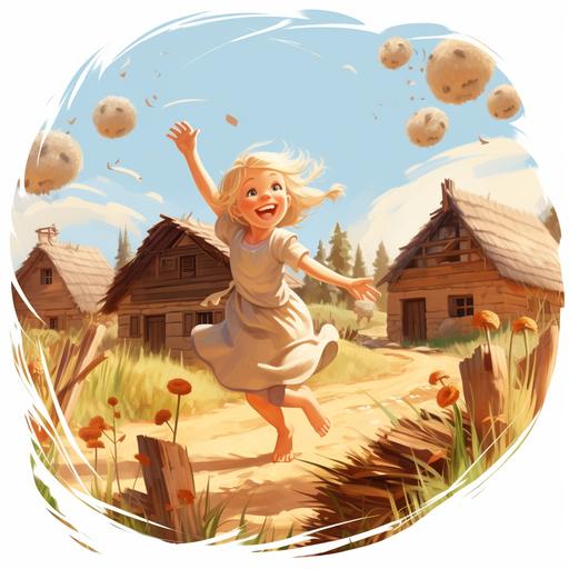 A VILLAGE OF SIMPLE HOUSES SURROUNDED BY A CANE FIELD. WITH CHILDREN PLAYING WITH THE GIRL, BLONDE HAIR, BROWN EYES, JUMPING WITH HAPPINESS, IN A PRINTED DRESS, WHITE BACKGROUND. IN THE STYLE OF CHILDREN'S BOOK ILLUSTRATION, 3D CARTOON