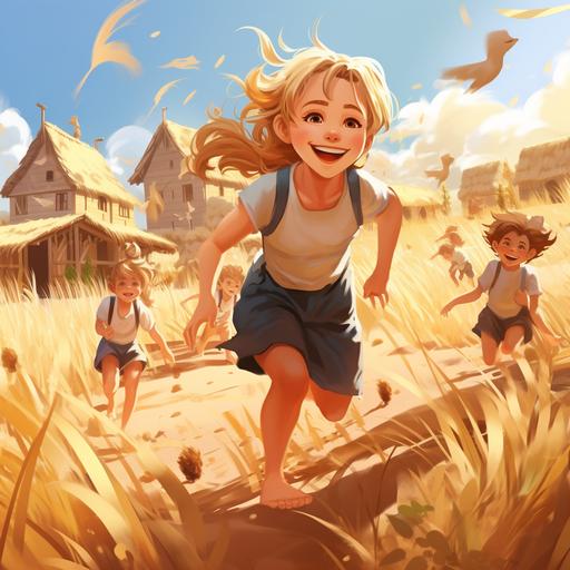 A VILLAGE OF SIMPLE HOUSES SURROUNDED BY A CANE FIELD. WITH CHILDREN PLAYING WITH THE GIRL, BLONDE HAIR, BROWN EYES, JUMPING WITH HAPPINESS, IN A PRINTED DRESS, WHITE BACKGROUND. IN THE STYLE OF CHILDREN'S BOOK ILLUSTRATION, 3D CARTOON