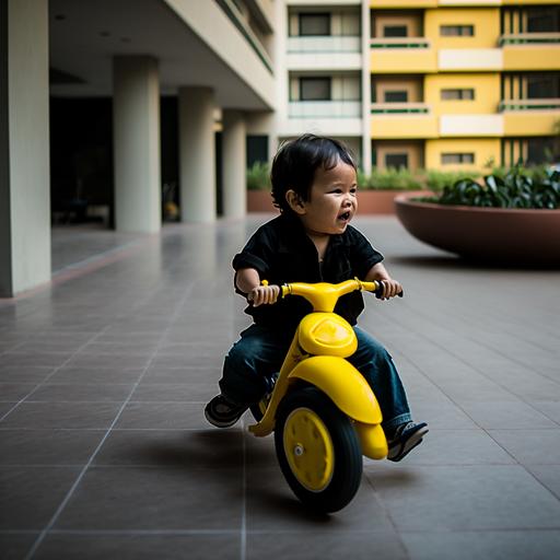A Vietnamese four year old boy in the black t-shirt seen from back is adorable. With a huge smile on his face, he is riding his yellow balance bike around the large playground of an apartment building. He seems to be enjoying himself, moving back and forth and making loops around the area. The bike, with its yellow color, is a perfect contrast to the black t-shirt that he's wearing, making him stand out in the crowd. There are other children playing in the playground, running, jumping and playing games. The sound of their laughter and screams fills the air, creating a lively and joyous atmosphere. The boy, with his balance bike, fits right in with the other kids, as he weaves in and out of them, trying to keep up with the older kids on their bigger bikes. He occasionally stops to take a break, putting his feet on the ground to catch his breath and have a drink from his water bottle. Then, he's back on his bike, ready for more adventures in the playground. He has a determined look on his face, determined to master his balance bike and keep up with the other kids. Overall, the scene is one of pure joy and childhood innocence, with the cute four year old boy in the black t-shirt and yellow balance bike at the center of it all.
