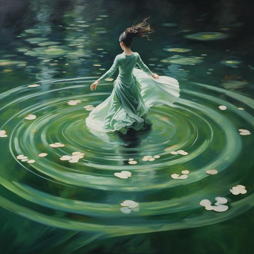 A Vietnamese girl wearing an emerald green silk dress is dancing, the skirt spreads out to form a circle, that circle is drawn like a ring of a diamond ring, the girl is dancing in a white lotus pond, below is a Reflective lake surface