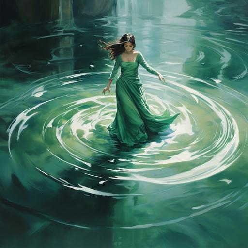 A Vietnamese girl wearing an emerald green silk dress is dancing, the skirt spreads out to form a circle, that circle is drawn like a ring of a diamond ring, the girl is dancing in a white lotus pond, below is a Reflective lake surface