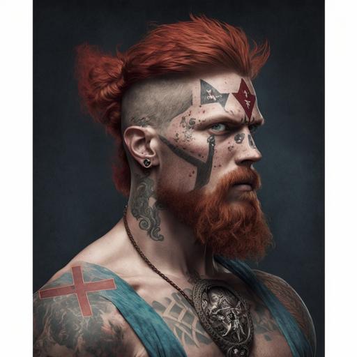 A Viking Barber with a crucifix tattoo on his face with red hair and a beard with shags