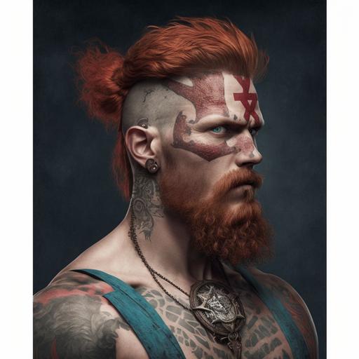 A Viking Barber with a crucifix tattoo on his face with red hair and a beard with shags