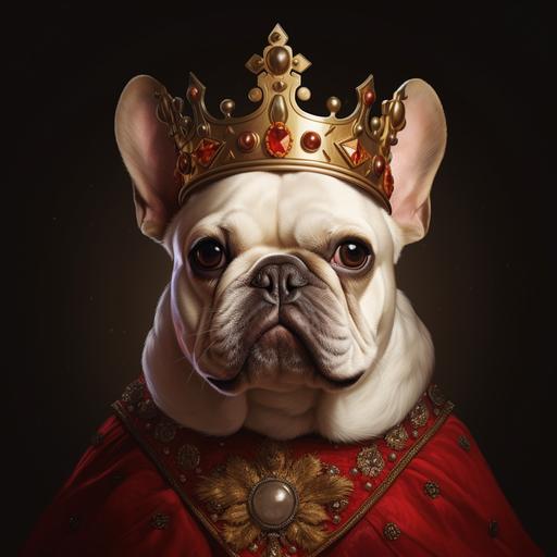 A White, long haired French Bulldog with a red royal cape and a crown close up