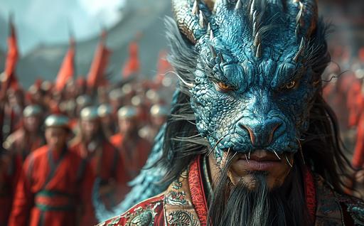 A Zhang Yimou-directed epic, 'The Blue Dragon's Dynasty.' Set against the backdrop of ancient China, a powerful blue dragon rises from the depths of a sacred lake, its presence a sign of impending change for the dynasty. Yimou's masterful use of color is evident in the vivid contrasts between the azure dragon and the crimson robes of the Imperial court, symbolizing the tension between the natural and the human realms. The dragon's flight over the Great Wall, observed by awe-struck soldiers, is captured in sweeping, panoramic shots that emphasize the vastness of the landscape and the significance of the dragon's appearance in the kingdom's lore. Through Yimou's lens, the dragon becomes a guardian of the nation's heritage, embodying the strength and wisdom that guide the dynasty through times of turmoil. --ar 21:13 --s 900 --v 6.0
