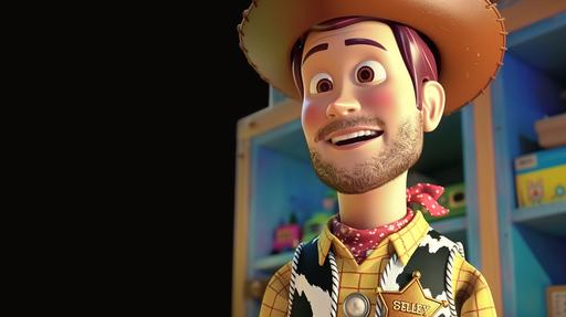 A a cowboy toy wearing a jumpsuit with a yellow long-sleeve top, an attached cow-print vest brown belt, and denim-print pants with a sheriff's badge gleaming proudly on his chest. A warm smile, gap in front teethm, with a light beard , surrounded by shelves of a boys room with colorful toys. A gap in his teeth, a distinctive and endearing appearance. Dramatic movie scen, --ar 16:9