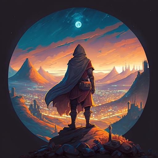 A adventurer stands on a hill above the city and looks down at the magnificent panorama. The protective wall extends far around the city, forming a circle of shining light that glimmers against the dark, densely forested land beyond. The adventurer can see the towers that reach into the sky, each one marked by a different color and magical symbol. He can also see the marketplace, where merchants offer their wares and customers stroll through the aisles. The library towers high above the rooftops, exuding an aura of knowledge and scholarship. Everywhere in the city, the adventurer can see the movements of wizards, casting powerful spells and generating magical energy. In the distance, he can see the forest, extending to the horizon and full of mysterious creatures. A few plumes of smoke rise from the forest, hinting at what lies within.