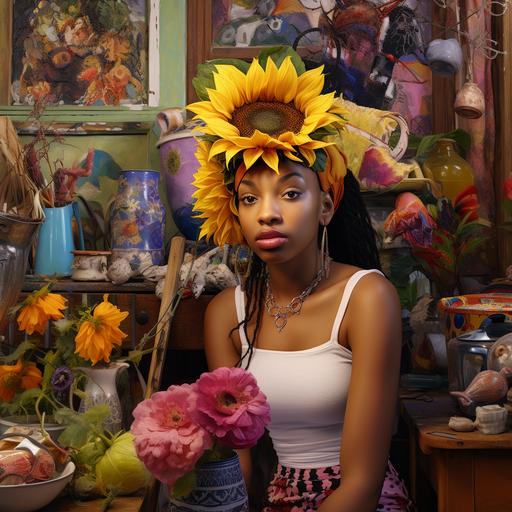 A african american sunflower girl at a overgrown garage sale of purple, yellow, burgundy, blue, pink, sunflowers