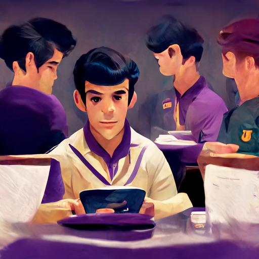 A anime style university student wearing purple polo shirt, is talking to his friends sitting around a table, eaching holding an ipad as notebook. HD , HYPER DETAILED