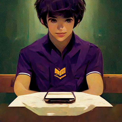 A anime style university student wearing purple polo shirt, is talking to his friends sitting around a table, eaching holding an ipad as notebook