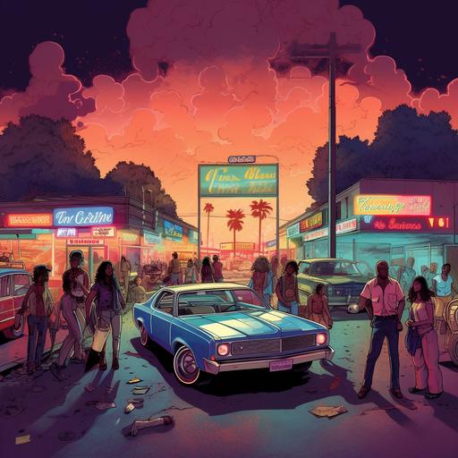 A artcover of a coll retro clty back in the 70s on a satruday night , at a drive trough with people hanging out , in the style of American Graffiti movie potser