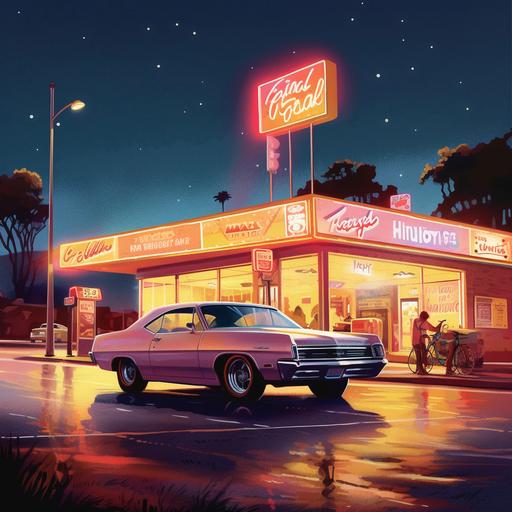 A artcover of a coll retro clty back in the 70s on a satruday night , at a drive trough with people hanging out , in the style of American Graffiti movie potser