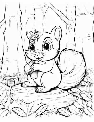 A baby chipmunk gathering acorns, Coloring page, cartoon style --ar 17:22