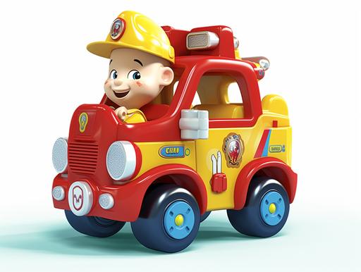 A baby fire truck, it has a face, wearing a fire hat, it smiles sweetly, eyes looking at you, eyes teasing, the car is carrying a ladder, the car has 1, 2, 3 music buttons on the side, the car has 4 big wheels, the car is cute, product posing, realistic, professional photography. --ar 4:3