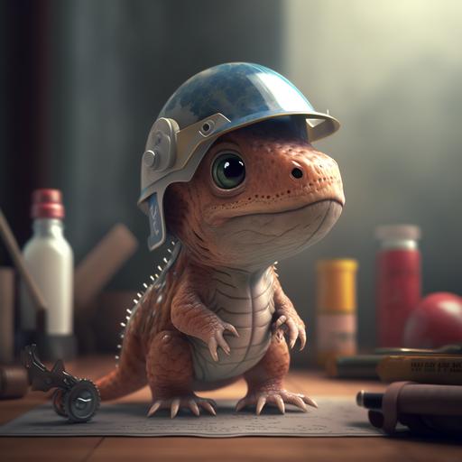A baby t-rex architect with helmet in 8k