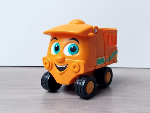A baby toy dump truck, it a construction car, it smiles sweetly, has a pair of teasing eyes, the appearance of the shape is very cute, product posing, white background, professional photography. --ar 4:3