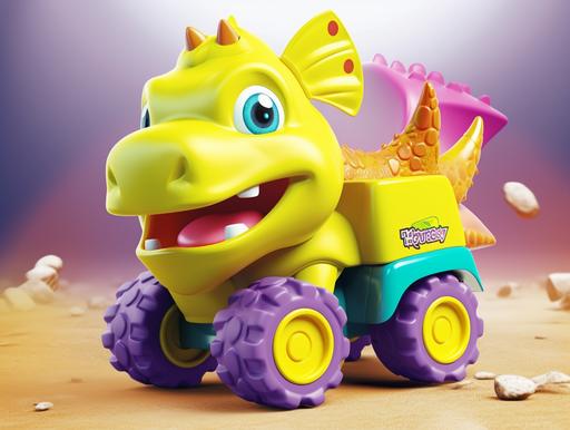 A baby toy dump truck, propelled cartoon engineering truck, the front part of the truck is a triceratops, cute shape, eyes teasing, the back part of the truck carries a tipping bucket, the truck has four wheels, product posing, professional photography. --ar 4:3
