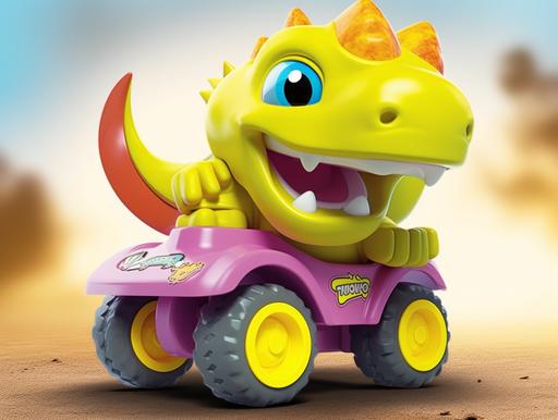 A baby toy dump truck, propelled cartoon engineering truck, the front part of the truck is a triceratops, cute shape, eyes teasing, the back part of the truck carries a tipping bucket, the truck has four wheels, product posing, professional photography. --ar 4:3