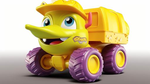 A baby toy dump truck, propelled cartoon engineering truck, the front part of the truck is very a cartoon triceratops, cute shape, eyes teasing, the back part of the truck carries a tipping bucket, the truck has four wheels, product posing, professional photography. --ar 16:9