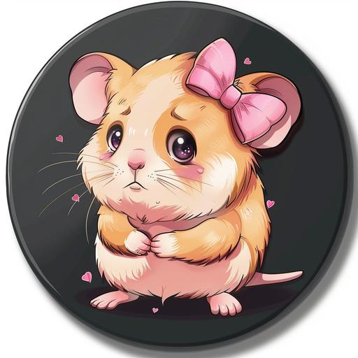 A badge with a very cute anxious hamster crying with a pink bow