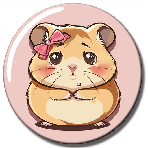 A badge with a very cute anxious hamster crying with a pink bow