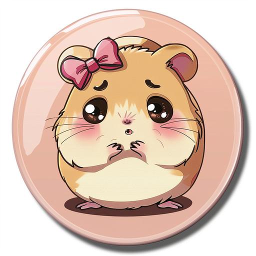 A badge with a very cute anxious hamster crying with a pink bow