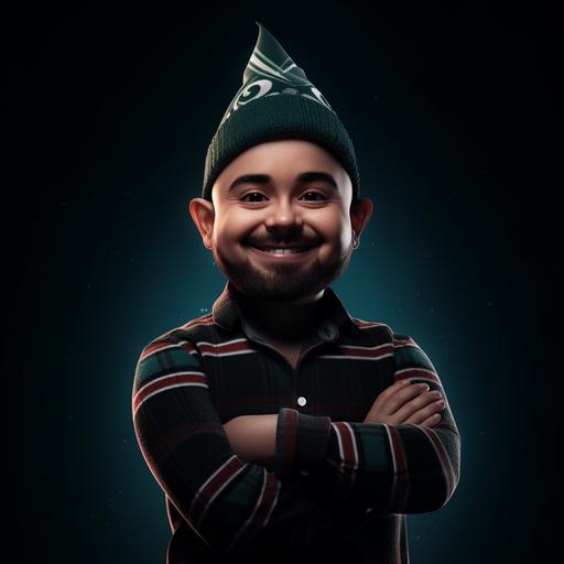 A bald, black-bearded Christmas elf child with pointy ears. Pixar style. Inspired by the aesthetic of Pixar animated films. Soft lighting emphasizing the elf's features, with a falling snowflake effect. Vibrant and festive colors, highlighting the teal of the t-shirt, scarf and hat. Close-up of the actor holding a candy cane in the mouth, with a smartwatch on one wrist and bracelets on the other. Using a Canon 5D camera and a Canon 50mm 1.4 lens to capture every detail.