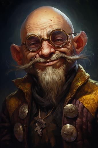 A bald tattooed medieval gnome with and glasses, he is smiling, brown hair, dark background, in the style of speed painting, detailed character expressions, fantasy art, painterly, gloomy --ar 2:3