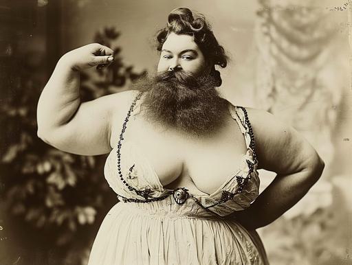 A ballet dancer does a pirouette, bearded lady, vaudeville era freak show, carnival freak, bushy beard on a fat woman, black and white sepia circa 1910 --ar 4:3 --v 6.0 --c 25