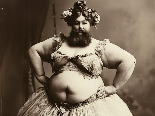 A ballet dancer does a pirouette, bearded lady, vaudeville era freak show, carnival freak, bushy beard on a fat woman, black and white sepia circa 1910 --ar 4:3 --v 6.0 --c 25