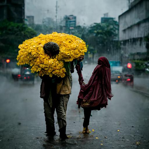 A bangladeshi young man comes to meet his girlfriend on a rainy day on a busy street.He brings bundle of yellow cadamba flower for his girlfriend.His girlfriend was so happy then