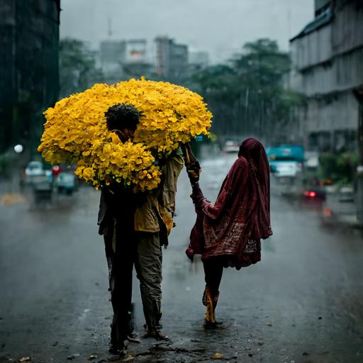 A bangladeshi young man comes to meet his girlfriend on a rainy day on a busy street.He brings bundle of yellow cadamba flower for his girlfriend.His girlfriend was so happy then