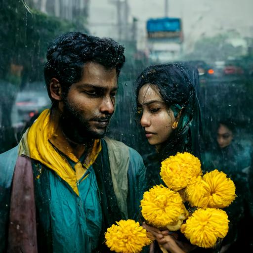 A bangladeshi young man comes to meet his girlfriend on a rainy day on a busy street.He brings bundle of yellow cadamba flower for his girlfriend.His girlfriend was so happy then