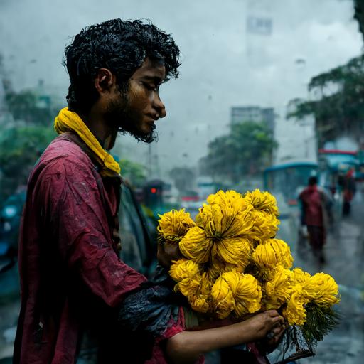 A bangladeshi young man comes to meet his girlfriend on a rainy day on a busy street.He brings bundle of yellow cadamba flower for his girlfriend.