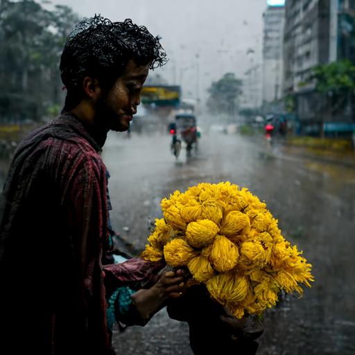 A bangladeshi young man comes to meet his girlfriend on a rainy day on a busy street.He brings bundle of yellow cadamba flower for his girlfriend.